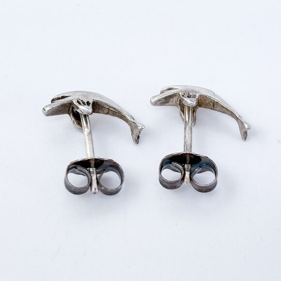 Vintage Sterling Silver 925 Turquoise Dolphin Stud Earrings - Picture 4 of 6